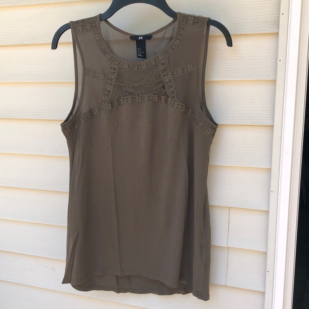 H&M Olive Green Sleeveless Lace Yoke top